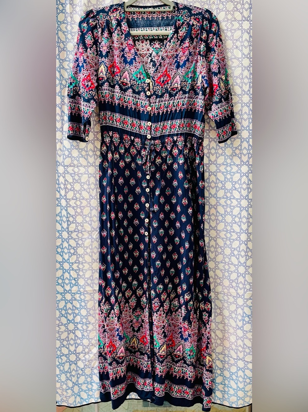 Boho Paisley Floral Button-Up Maxi Dress Navy Blue Size L Secured Hem